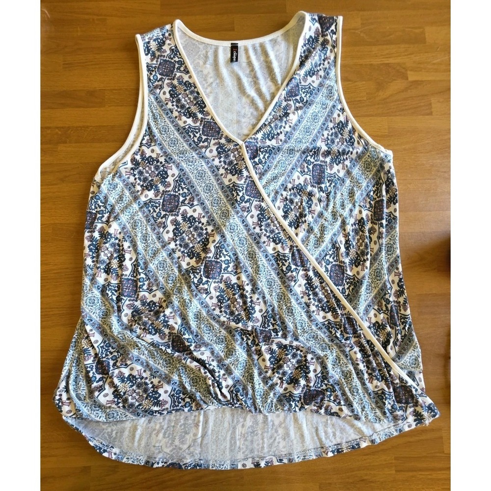 1 Clique Womens 1X Blue Floral Boho Surplice V-Neck Tank Top Sleeveless 1C188K